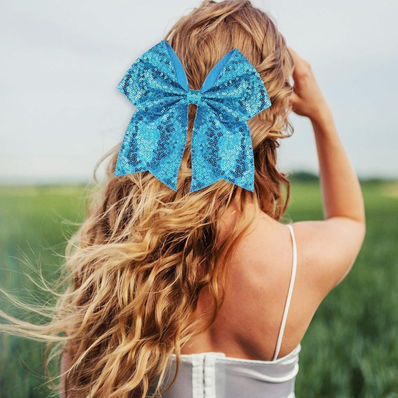 Zolyco Large Glitter Cheer Bows Clips, Jumbo Big 7 Inch Cheerleading Sequin Hair Bow Hair Accessories for Teens Girls Football Sports Cheerleader Outfit Uniform (Blue) - Image 2